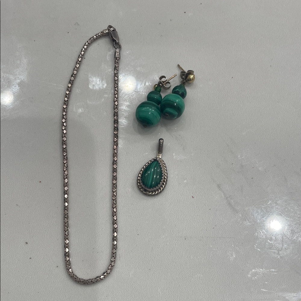 Mexican  Silver 925  pendant with Malachite  Pendant , Silver Bracelet&Earrings